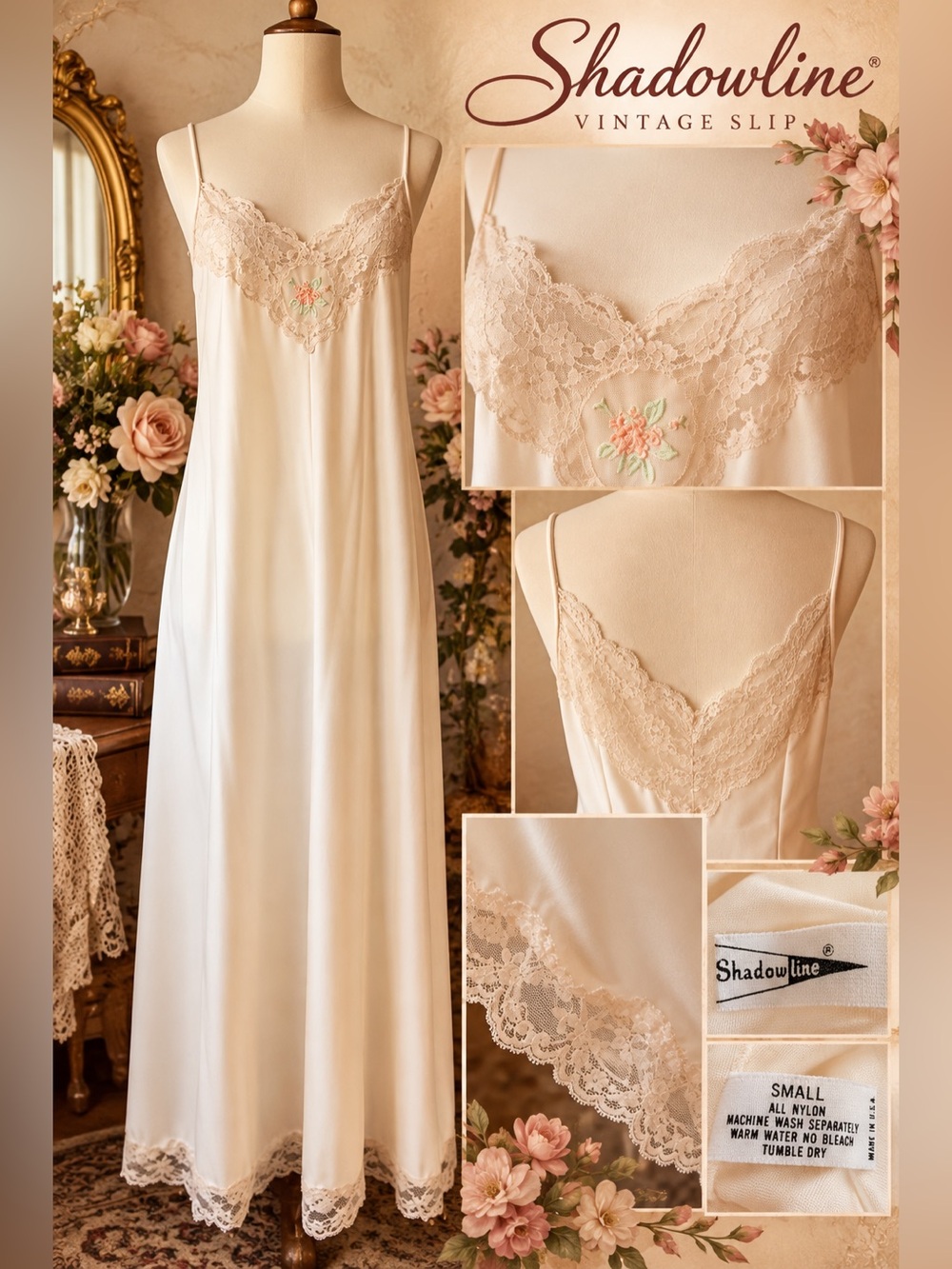 Vintage Shadowline Ivory Lace & Embroidered Slip — Size Small